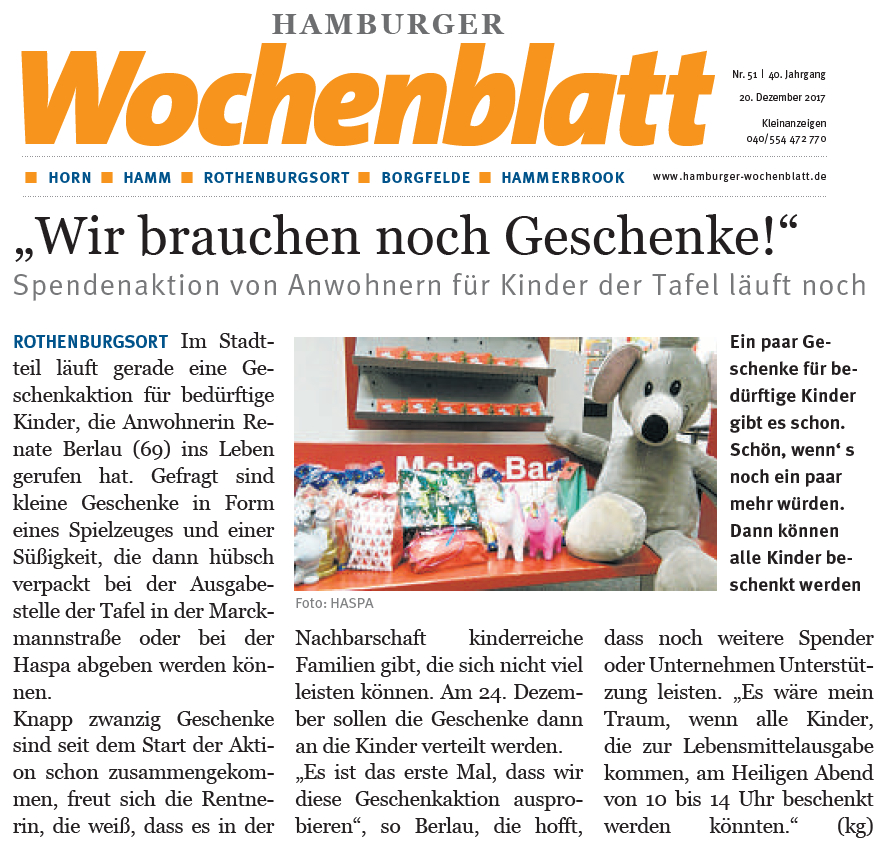 Hamburger Wochenblatt - Geschenke für bedürftige Kinder in Rothenburgsort